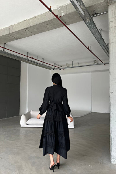 XXL BUTİK XXL Butik kadın siyah poplin kumaş maxi boy elbise X-NBMS4255