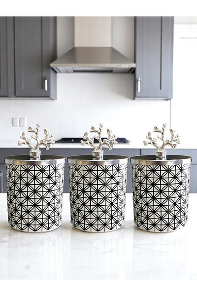 ferayhome Spice Rack Set of 3 Kitchen Accessories Coffee Corner Cylinder Lonca Black 750 ml Volume Silver