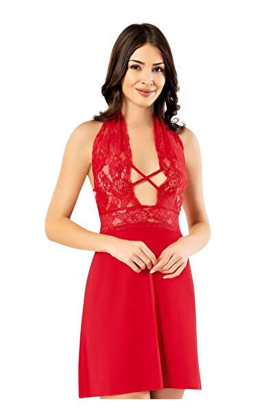 Tezzgelsin Cămașă de noapte scurtă pentru femei, cu gât cu șarmuire