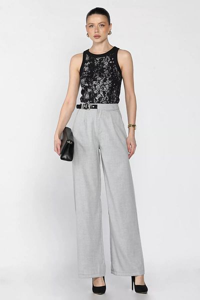 GÜLSELİ Gray Women's High Waist Pleated Trousers with Belt Accessories
