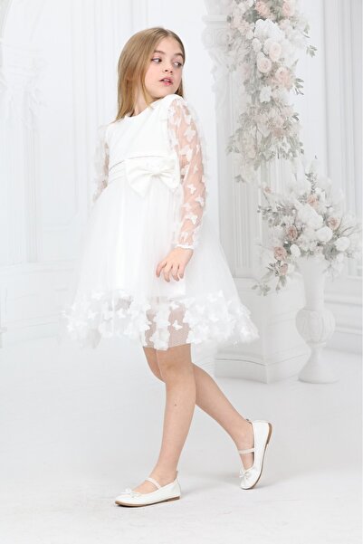 nacar çarşı Kız Çocuk Kelebek Detaylı Uzun Kol Abiye Mezuniyet Elbisesi