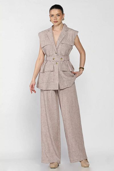 GÜLSELİ Mink Women's Waist Belted Vest Trousers Double Set