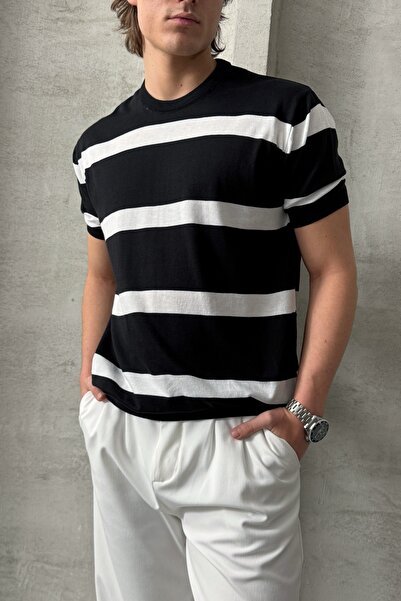 HYMAN Erkek Oversize Bisiklet Yaka Çizgili Triko T-Shirt