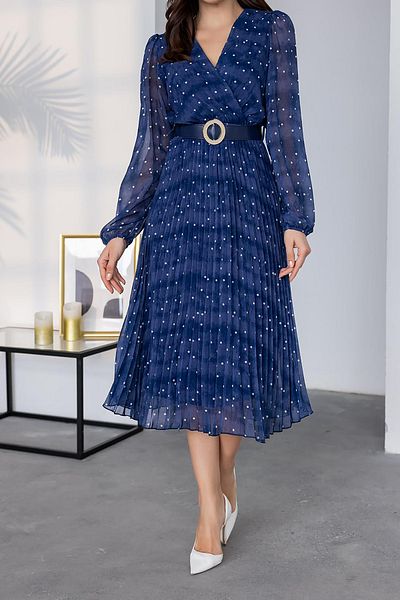 XXL BUTİK XXL Boutique Women's Belt Midi Length Pleated Dress X-Nbmy32861