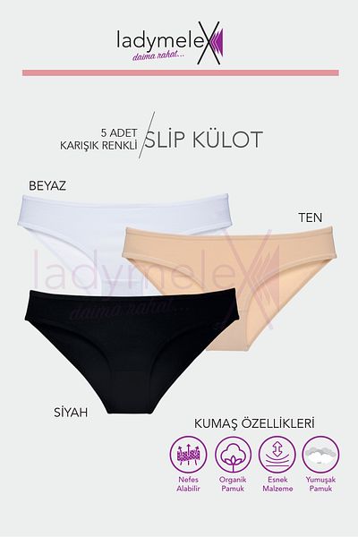 LadyMelex Chiloți pentru femei, chiloți pentru bikini, pachet de 5 negru alb bej, chiloți clasici, țesătură moale