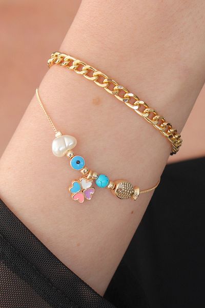 NEZADE STORE Gold Color Colorful Chain Model Colorful Heart Figure Fish Detail Women's Bracelet - Lisinya