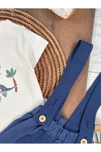 Adda Baby Summer Stone Age Dizanor Salopet Tshirt Jumpsuit with Front Pocket Detail Summer Shorts Baby Boy Set