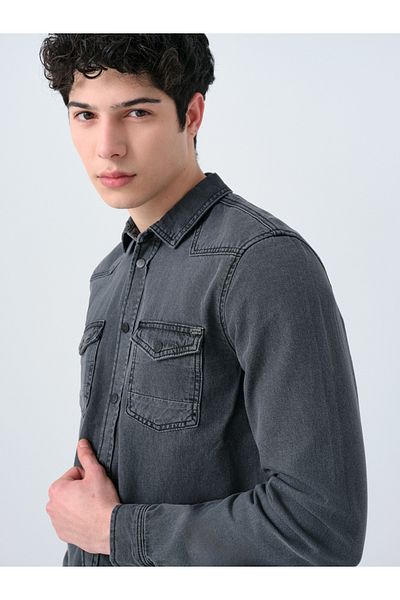 Loft 2035731 Anthracite Double Pocket Snap Button Long Sleeve Denim Shirt