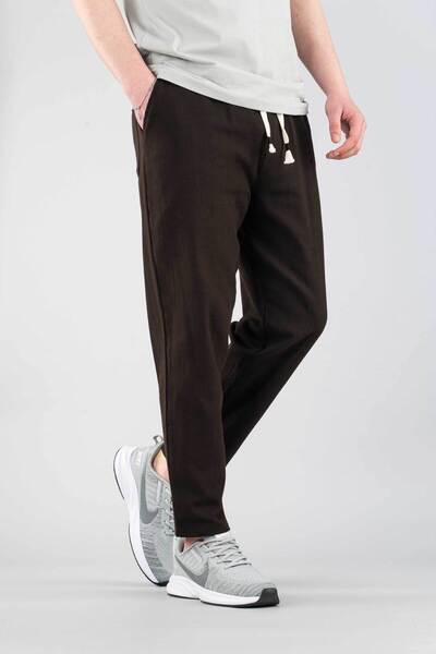 bombe Men's Brown Casual Linen Boyfirend Pants Elastic Waist Drawstring Jogger Trousers