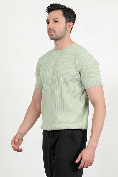 JB John Borners Men's Crew Neck Short Sleeve Ribbed Knitwear T-Shirt Light Green - 2502