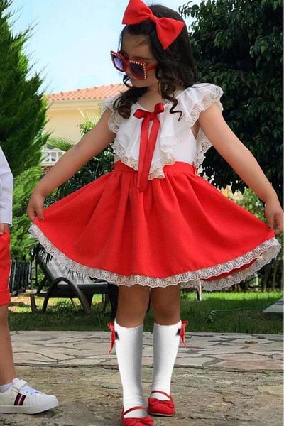 Riccotarz Girl's V-Neck Shoulder and Hem Lace Embroidered Red Dress