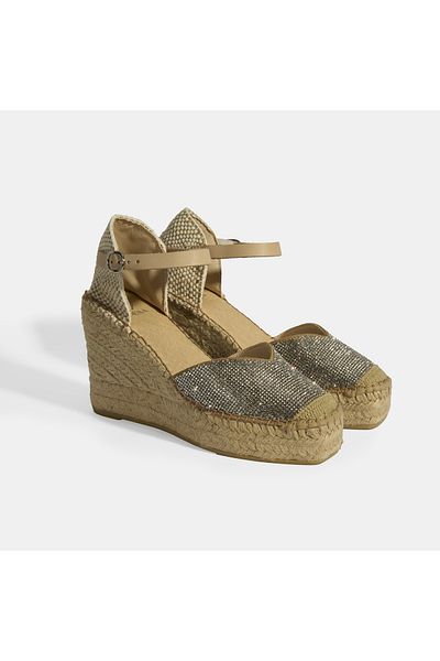 Desa Beige Women's Suede Espadrille with Buckle Accessories and Stone Detail