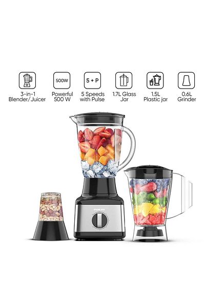 Nikai 3 In 1 Blender With Power, Stainless Steel Blades, Multifunctional Grinder, Glass And Plastic Jugs,
