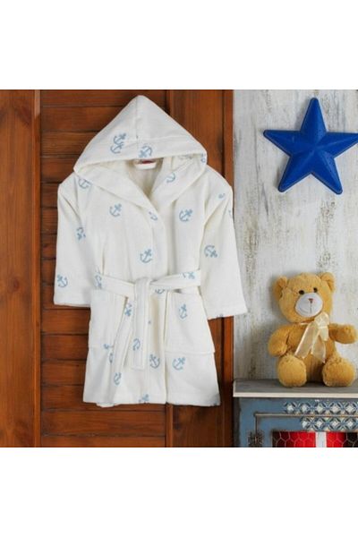 Hobby Halat de baie cu broderie și glugă pentru copii, 100% bumbac, 5-6 ani, marin