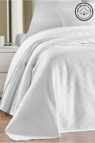 VESSİNOHOME Pike Double 100% Cotton Small Checkerboard Patterned Bedspread Hotel Type Luxury Pike White