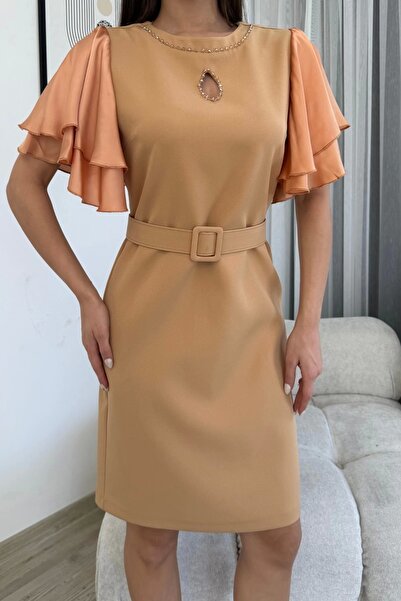 lodmela Satin Sleeve Flounces Beaded Embroidered Belt Evening Dress 6012-Camel