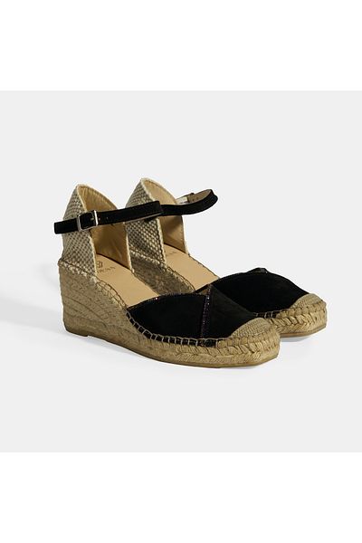 Desa Black Women's Buckle Accessory Stone Detailed Wedge Heeled Suede Espadrille