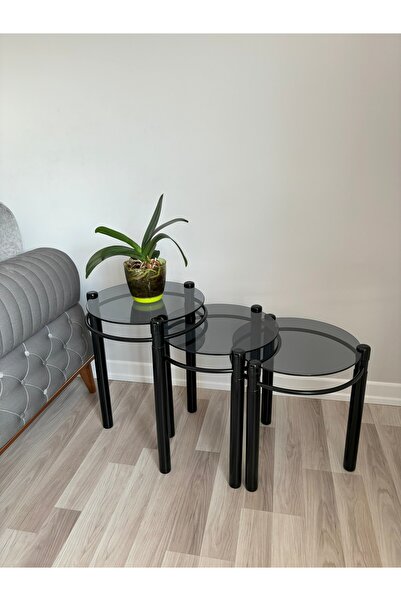 TOLUNAY Yonca Zigon Sehpa Ahşap ve Metal Füme Cam Siyah