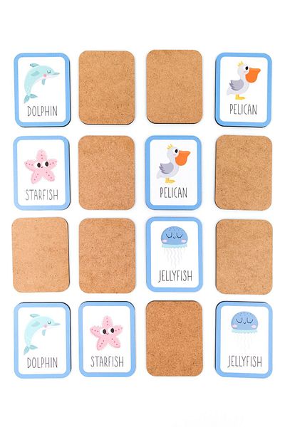 kutuTR Wooden Intelligence Card Matching Game 16 Pieces English Written Sea Animals