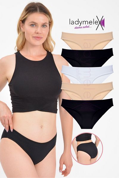 LadyMelex Chiloți pentru femei, chiloți pentru bikini, pachet de 5 negru alb bej, chiloți clasici, țesătură moale