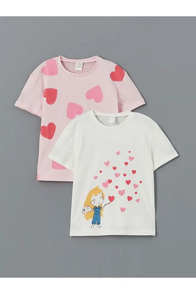LC Waikiki Lcw Kids Ecru Crew Neck Printed Girls' T-Shirt 2-Piece