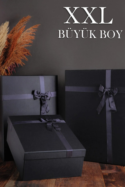SİMGE KUTU Büyük Boy XXL Siyah 3'lü Kurdeleli Siyah Kutu Hediye Kutusu