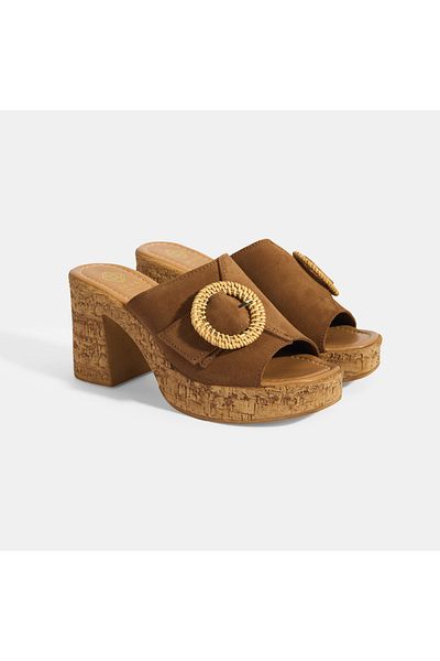 Desa Women's Tan Adjustable Buckle Detailed Suede Heeled Slippers