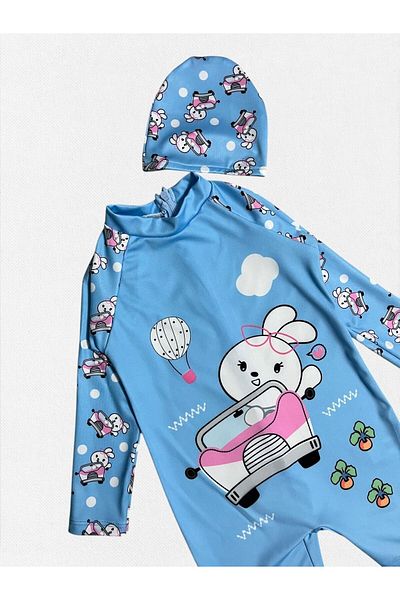 Fil Kids Costum de baie pentru fetiță, albastru, cu balon zburător, cu model de iepure, cu mânecă lungă, țesut strâns, cu uscare rapidă