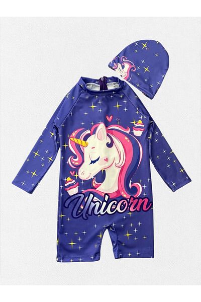 Fil Kids Girl's Purple Unicorn Print Long Sleeve Tight Woven Quick Dry Bonnet Swimsuit