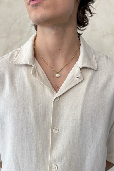 HYMAN Cămașă de in pentru bărbați, cu mânecă scurtă, cu guler Apaș