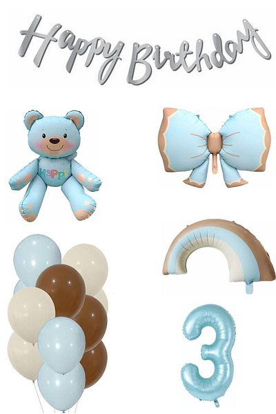 DÜVENCİ TİCARET Teddy Bear Rainbow Themed Baby Boy Concept Birthday Age Set