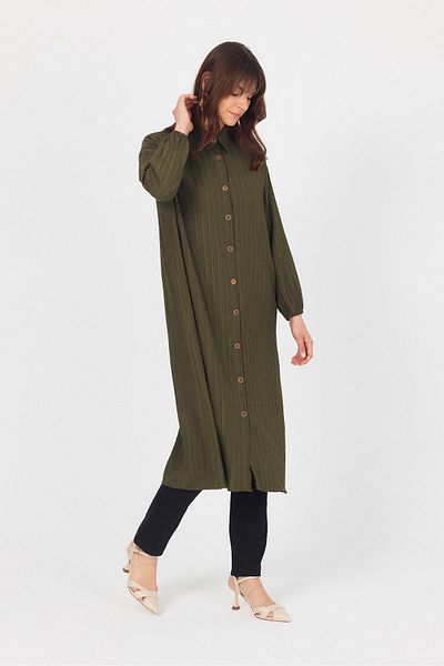 Rays Khaki Buttoned Sleeve Elastic Long Tunic 4507A