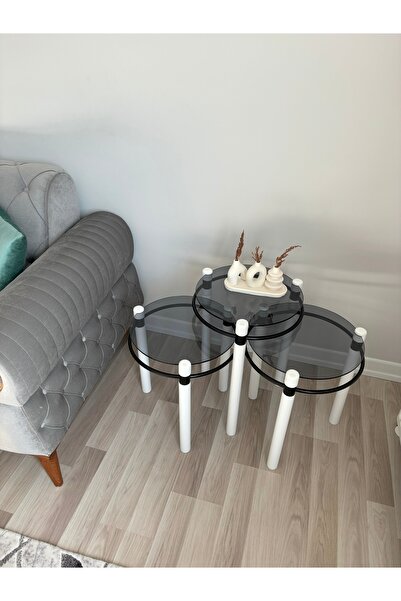 TOLUNAY Yonca Zigon Sehpa Ahşap ve Metal Füme Cam Beyaz