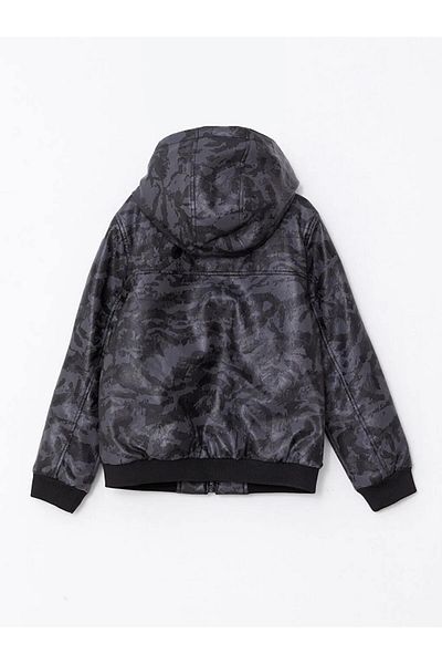 LC Waikiki Lcw Kids Black Hooded Printed Boy's Leather Look Coat