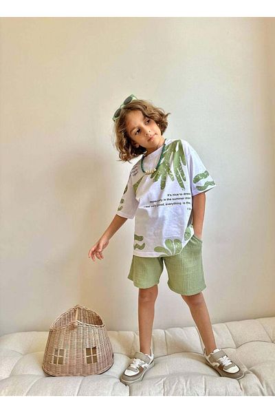 MİNİKO KİDS Boy's Cactus Patterned Cotton Suit with Muslin Shorts