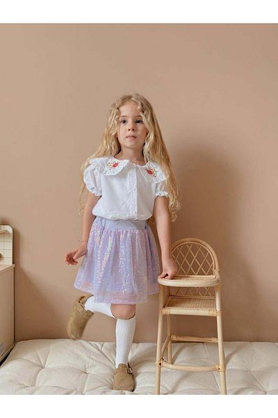 MİNİKO KİDS Girl's Short Sleeve Shirt with Sequin Skirt Holiday Suit