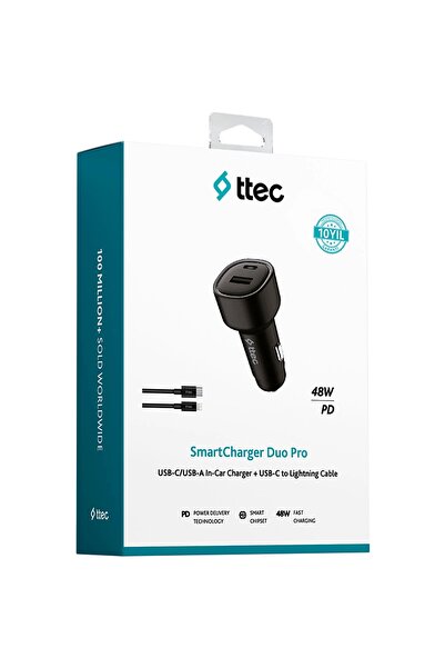 Ttec 2CKP02CS SmartCharger Duo PD 48W Araç İçi Hızlı Şarj Cihazı USB-C+USB-A - USB-C-USB-C 3A Kablo-