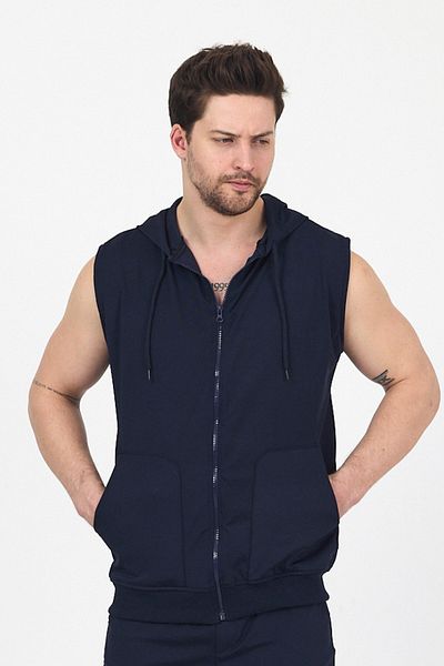 DAMGA JEANS Men's Hooded Sleeveless Zippered Summer Long Navy Blue Sweat Vest