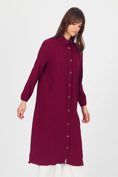 Rays Burgundy Buttoned Elastic Sleeve Long Tunic 4507A