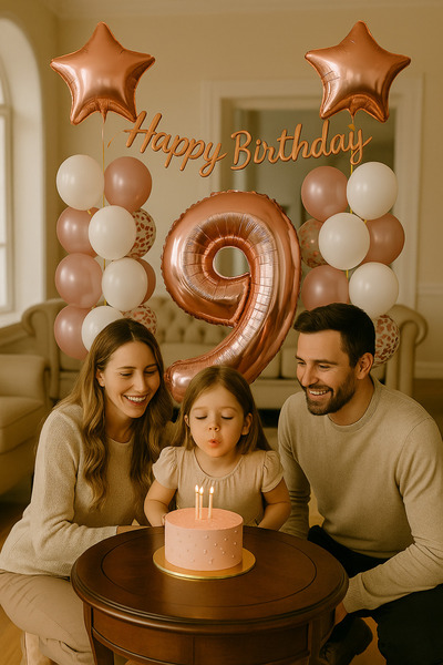 hediyeofisi Rose Gold Concept 9 Year Old Birthday Set Number and Star Foil Balloon Banner and 24 Balloons and Stamps