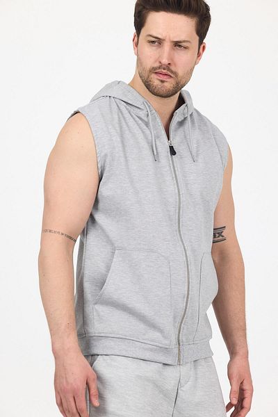 DAMGA JEANS Men's Hooded Sleeveless Zippered Summer Long Gray Sweat Vest