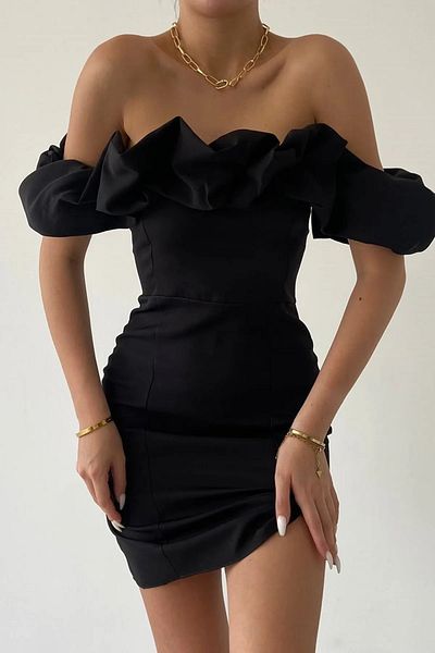 Julidress Rochie mini cu design cu guler cu volane din țesătură Atlas neagră