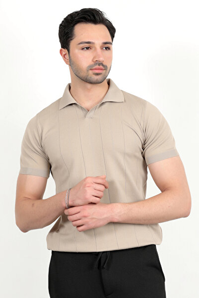 JB John Borners Ανδρικό μπλουζάκι με κοντό μανίκι με γιακά πόλο ριγέ πλεκτό μπεζ - 2503