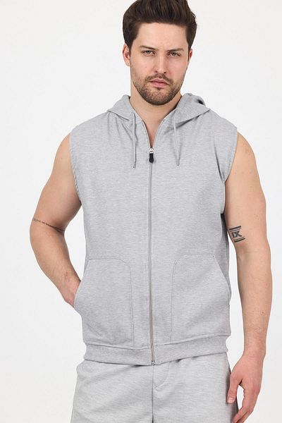 DAMGA JEANS Men's Hooded Sleeveless Zippered Summer Long Gray Sweat Vest