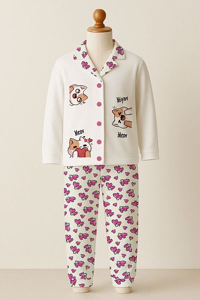 peki baby&kids Well Girls Interlock Cotton Heart Patterned 3 Funny Cat Printed Front Buttoned Pajamas Set 18960