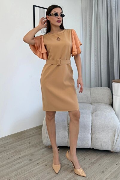 lodmela Satin Sleeve Flounces Beaded Embroidered Belt Evening Dress 6012-Camel