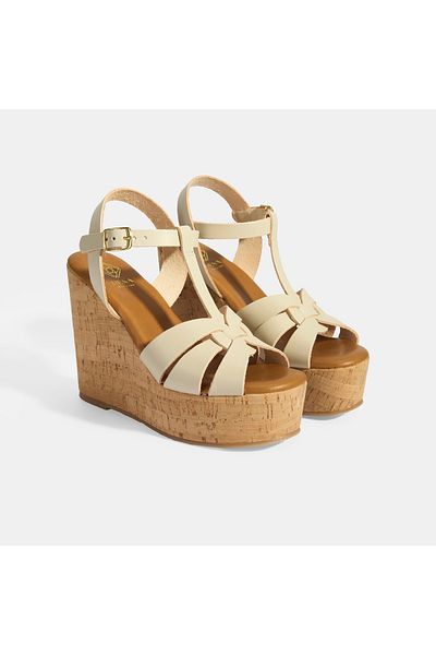 Desa Women's White Buckle Accessory T-Band Leather Wedge Heeled Sandals