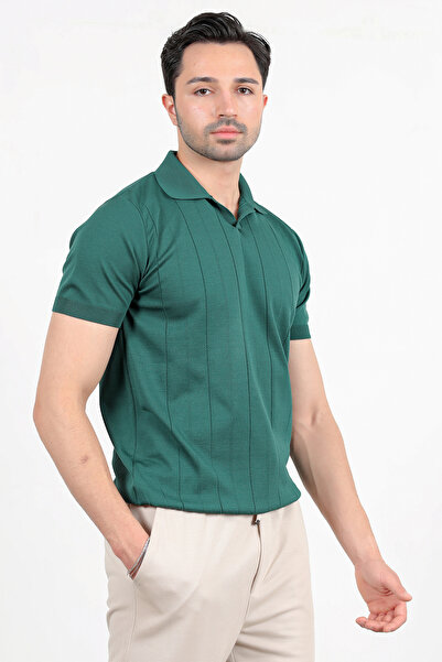 JB John Borners Ανδρικό μπλουζάκι με κοντό μανίκι με γιακά πόλο ριγέ πλεκτό πράσινο - 2503