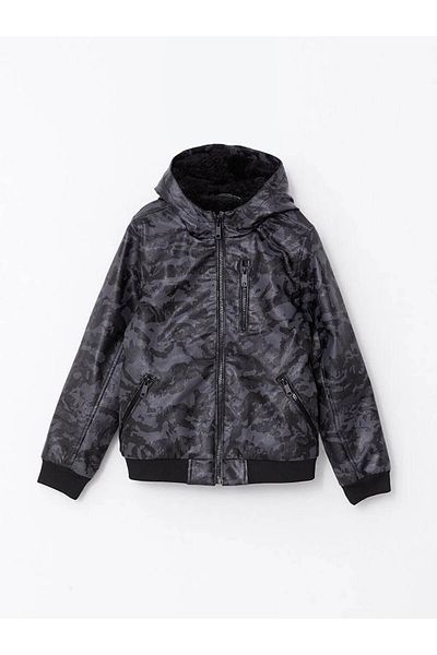 LC Waikiki Lcw Kids Black Hooded Printed Boy's Leather Look Coat