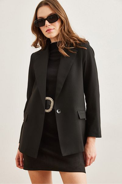 Olalook Women's Black Single Button Lined Pocket Flap Premium Blazer Jacket Ckt- 19000395